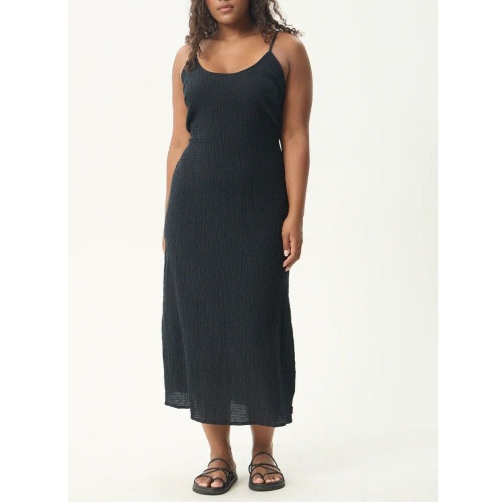 Afends Black Hemp Seersucker Midi Slip Dress Size XL Boho